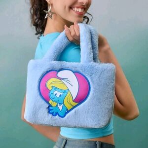 The Smurfs Smurfette Blue Faux Fur Handbag Tote Bag with Cartoon Design